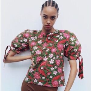 Zara Floral Print Tie Puff Sleeve Top